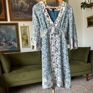 Central Park West Teal & Purple Printed Silk and Cotton Blend Dress.